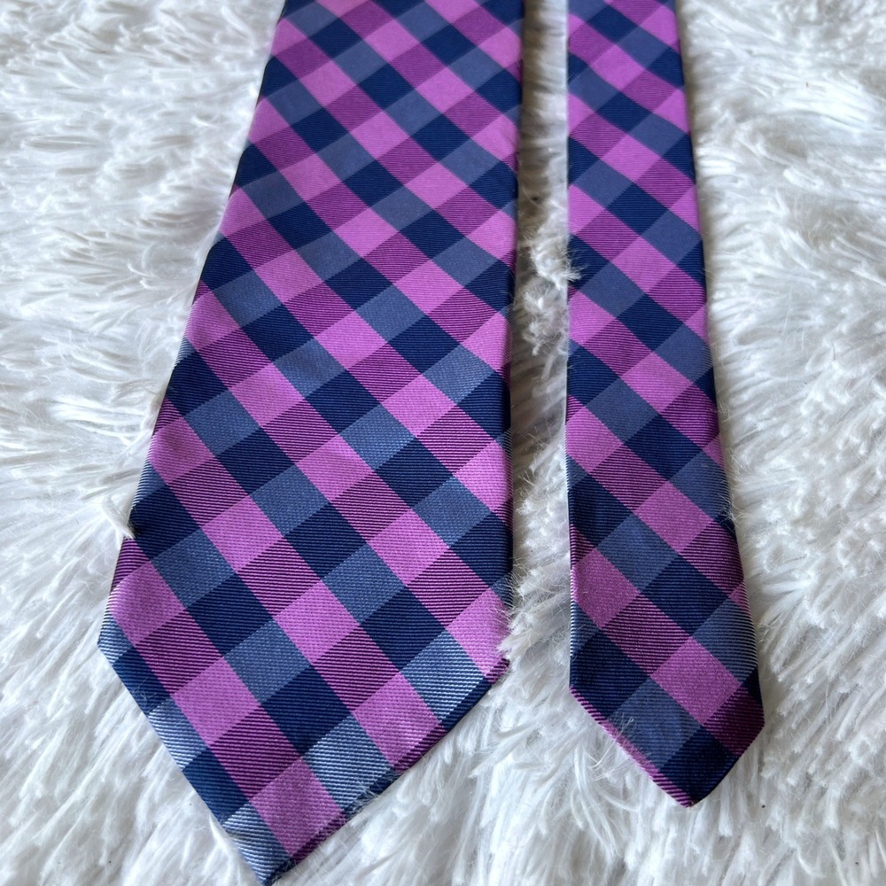 Ted Baker Plaid Checks Tie Purple Pink Navy 100% Silk Made in the USA 3.25" LONG